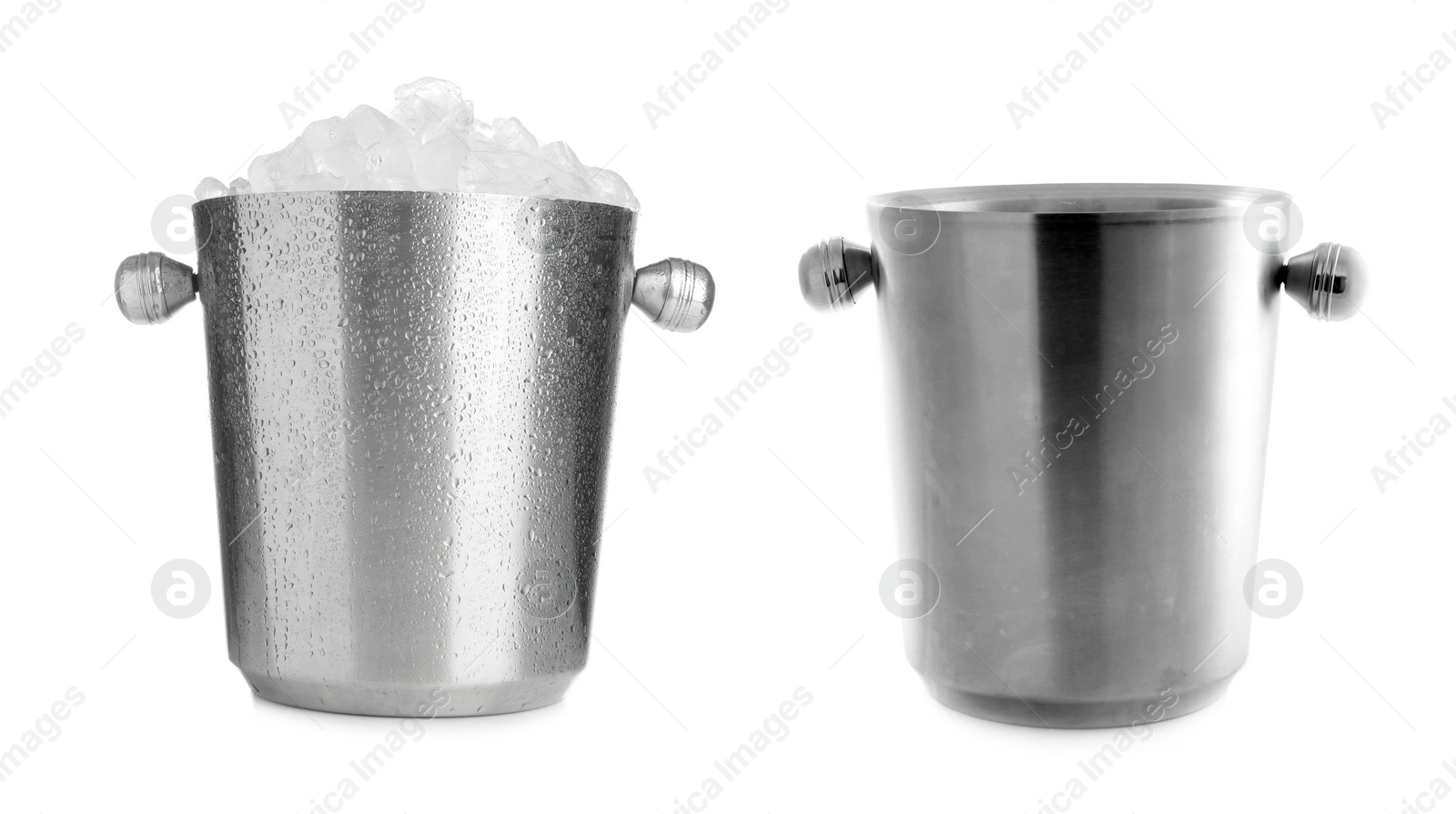 Image of Empty and full of ice cubes metal buckets on white background 