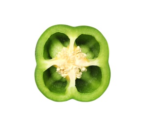 Cut fresh green bell pepper on white background, top view