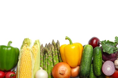 Assortment of fresh vegetables on white background, top view. Space for text