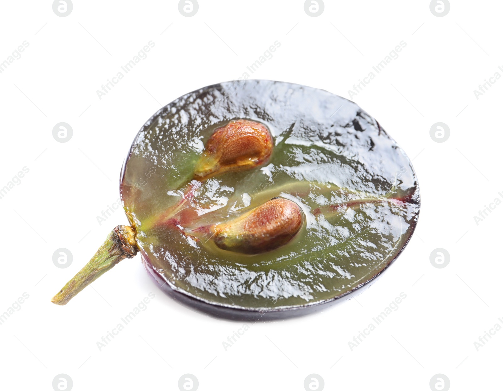 Photo of Cut fresh ripe juicy grape with seeds on white background