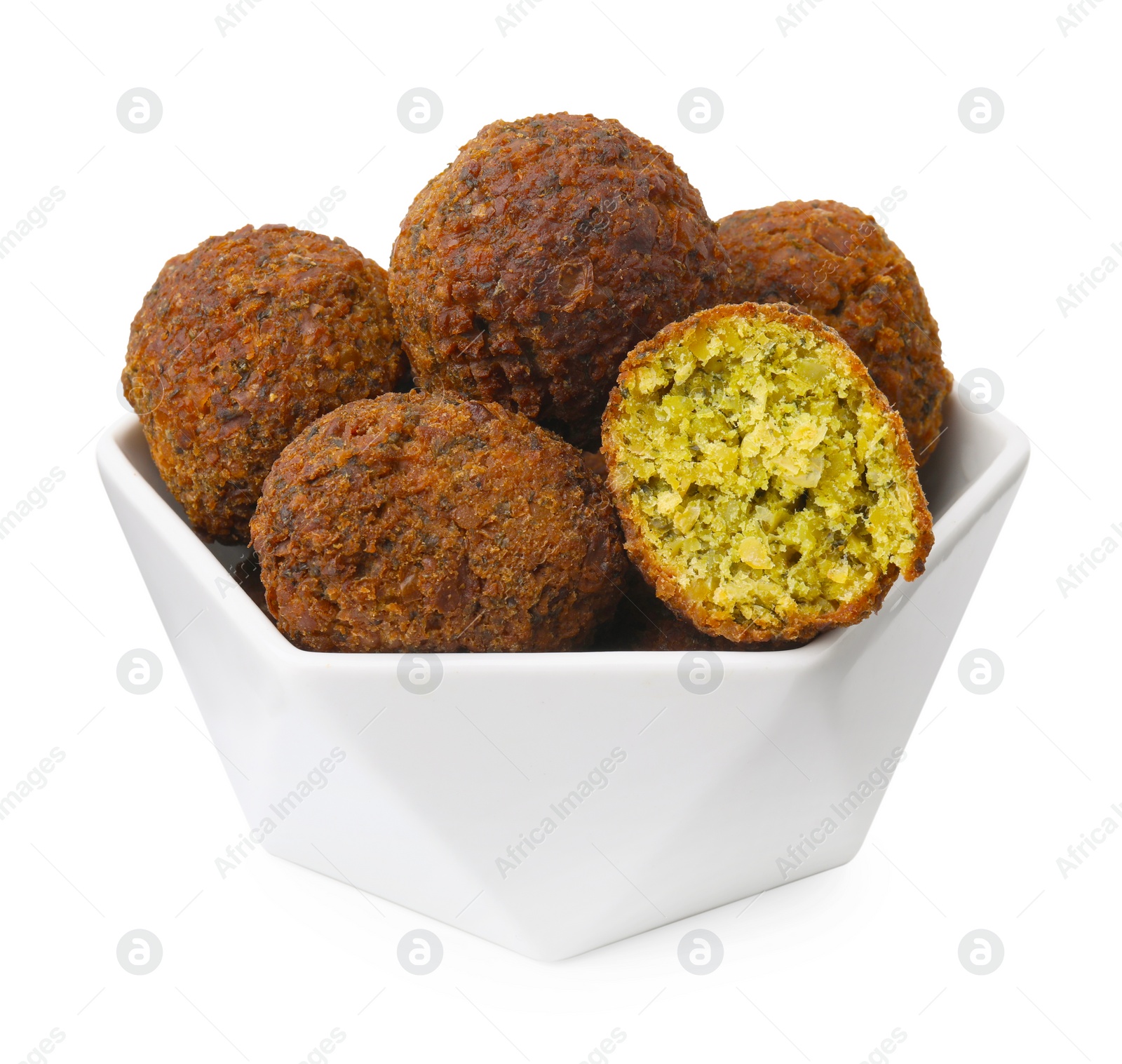 Photo of Delicious falafel balls in bowl isolated on white