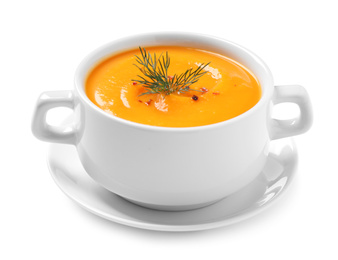 Image of Tasty creamy pumpkin soup in bowl on white background