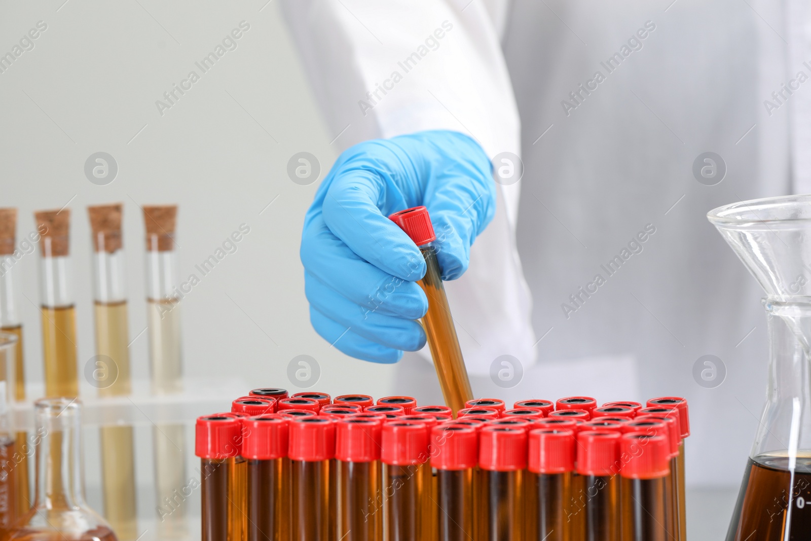 Photo of Scientist taking test tube with brown liquid from stand, closeup