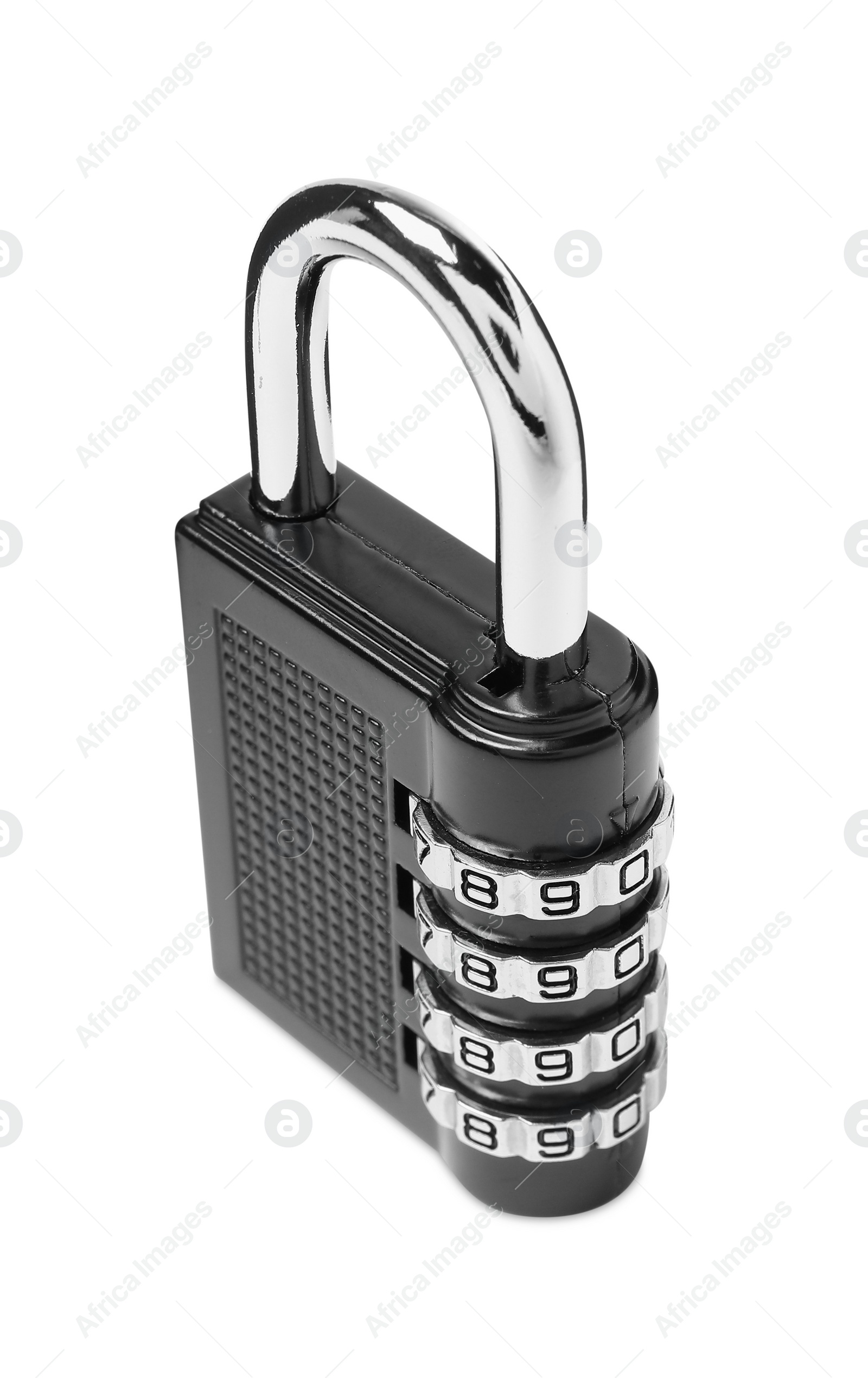 Photo of Locked steel combination padlock isolated on white