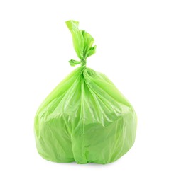 Photo of Green plastic garbage bag isolated on white