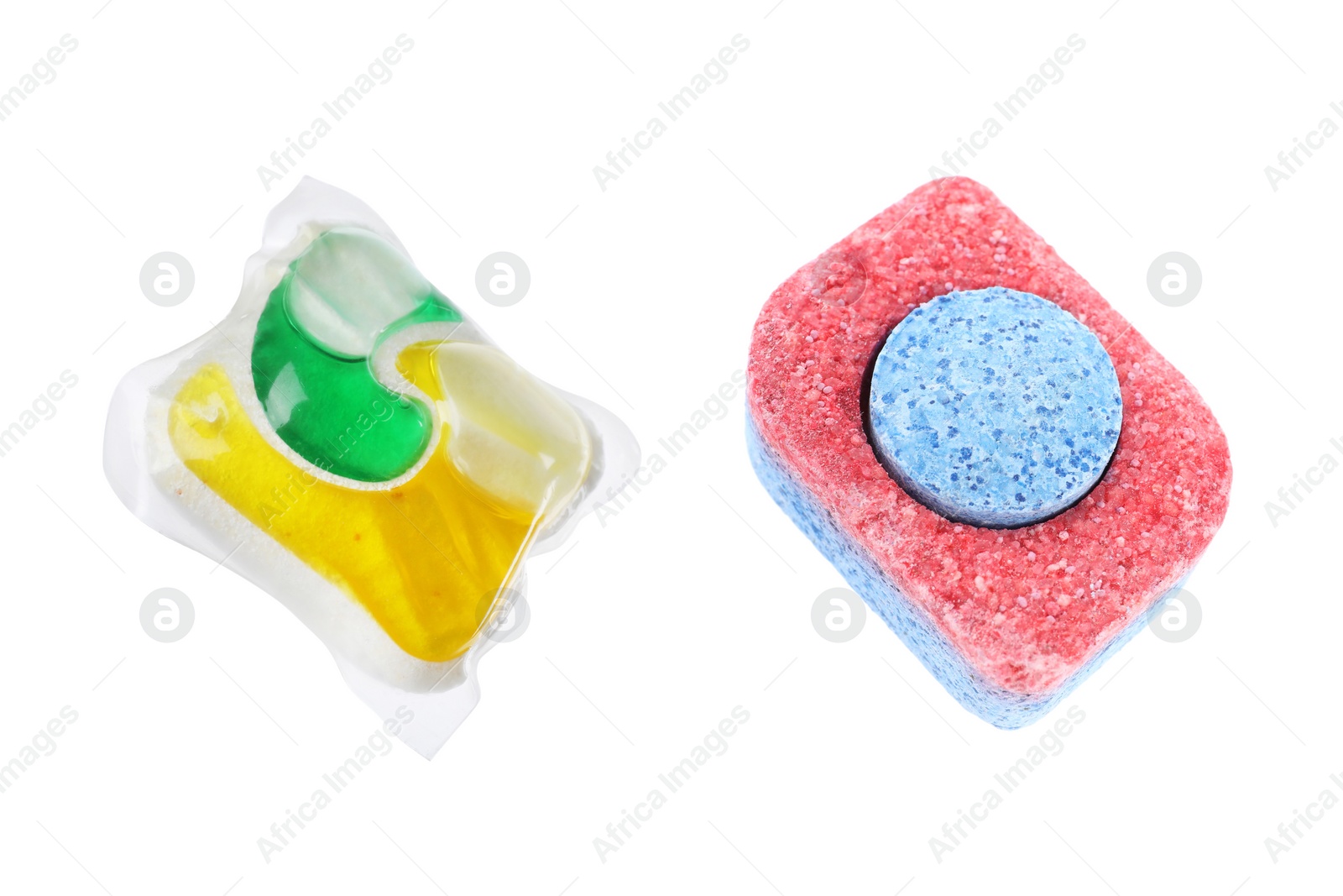 Image of Dishwasher detergent tablet and gel capsule on white background, collage