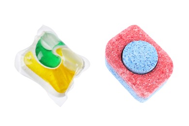 Image of Dishwasher detergent tablet and gel capsule on white background, collage