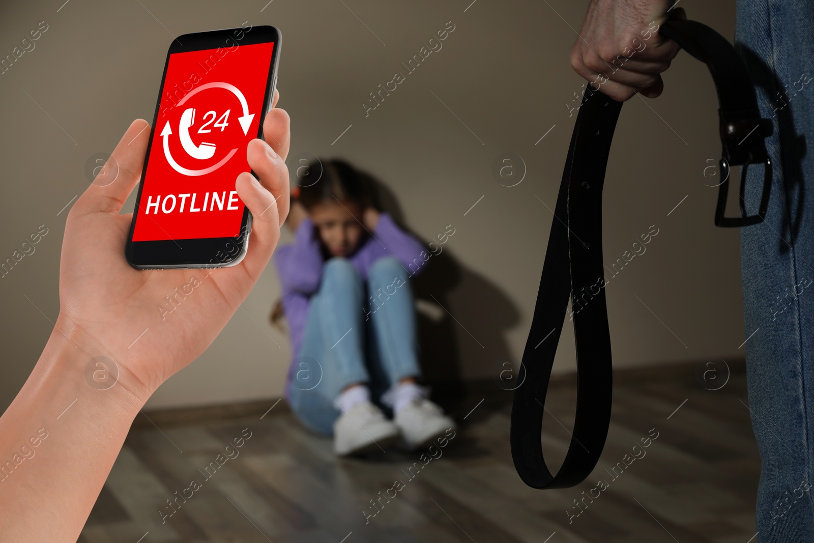 Image of Woman calling domestic violence hotline to prevent aggression upon little girl 