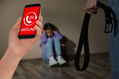 Image of Woman calling domestic violence hotline to prevent aggression upon little girl 