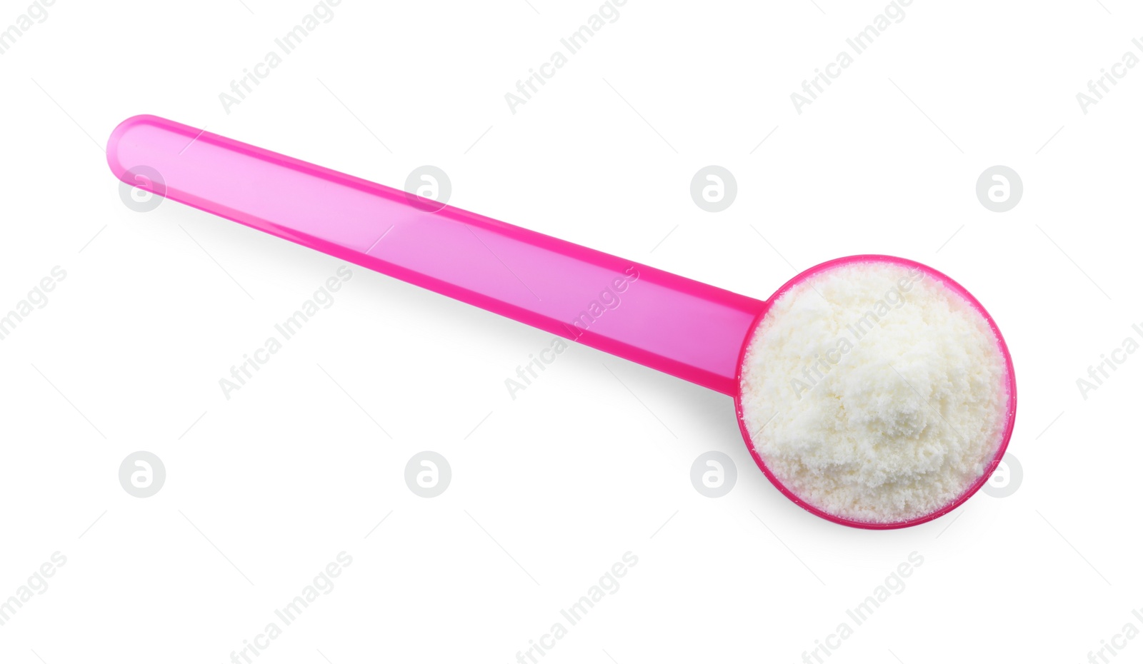 Photo of Scoop of powdered infant formula on white background, top view. Baby milk