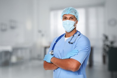 Image of Nurse with stethoscope and medical mask in uniform at hospital