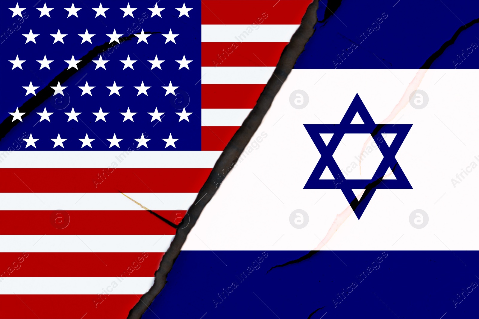 Image of Flags of Israel and USA on broken wall. International diplomatic relationships