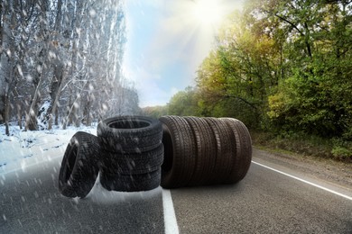 Image of Set of new winter and summer tires on asphalt road, collage