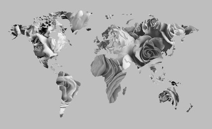 World map made of beautiful flowers on grey background, banner design