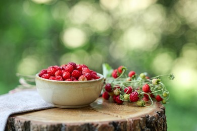 Bowl and tasty wild strawberries on wooden stump against blurred green background. Space for text