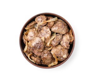 Tasty fried chicken liver with onion in bowl isolated on white, top view