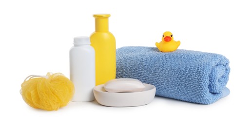 Photo of Baby cosmetic products, bath duck, sponge and towel isolated on white