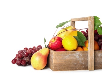 Crate with different fruits on white background