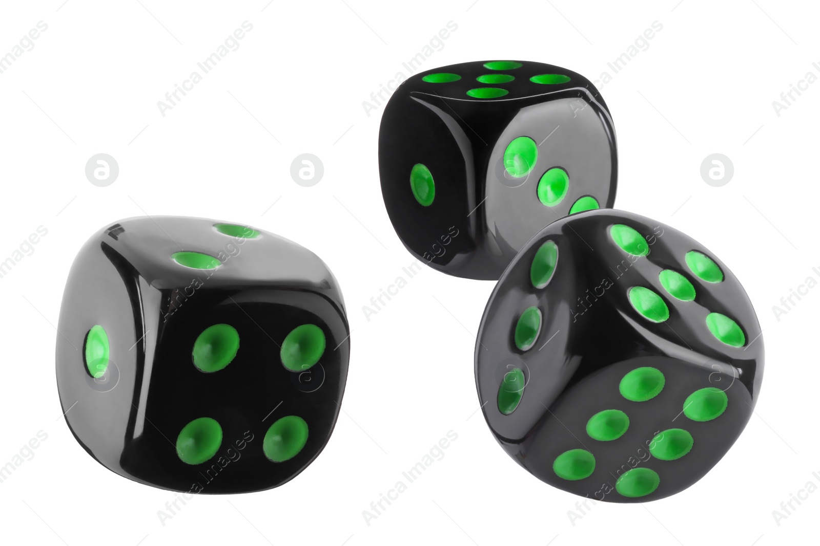 Image of Three black dice in air on white background