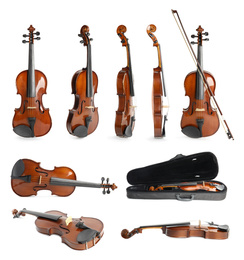Set of classic violins on white background