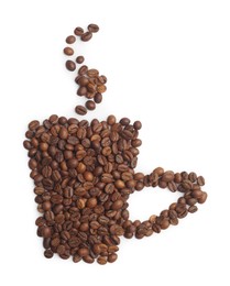 Cup of hot drink, composition made with coffee beans isolated on white, top view