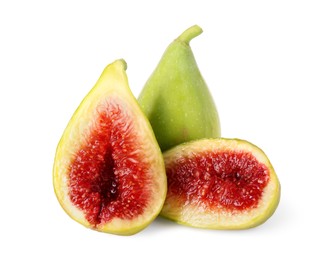 Photo of Whole and cut fresh green figs isolated on white