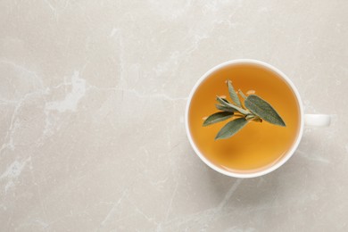 Photo of Cup of sage tea and green leaves on light grey table, top view. Space for text