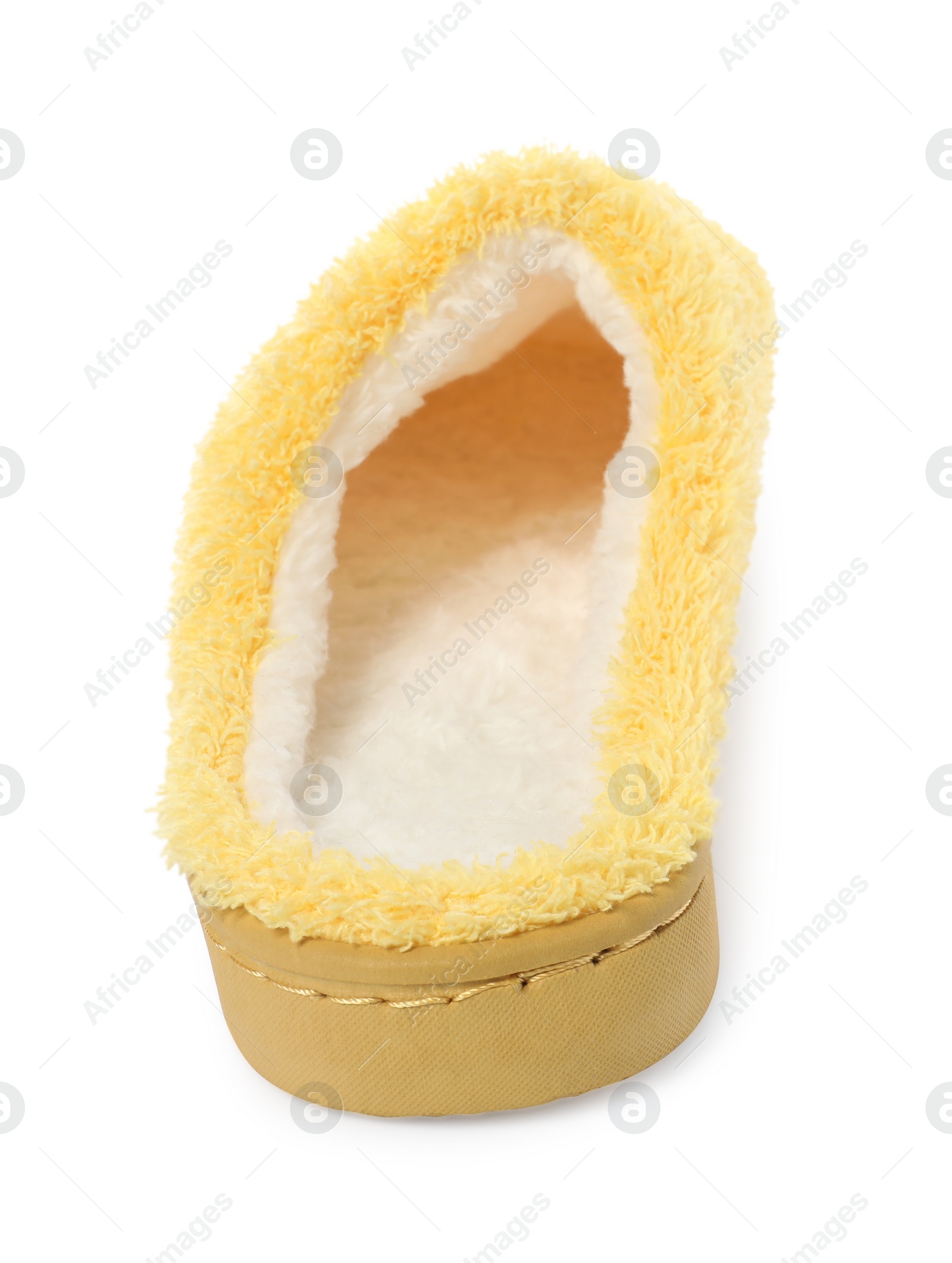 Photo of One yellow soft slipper isolated on white