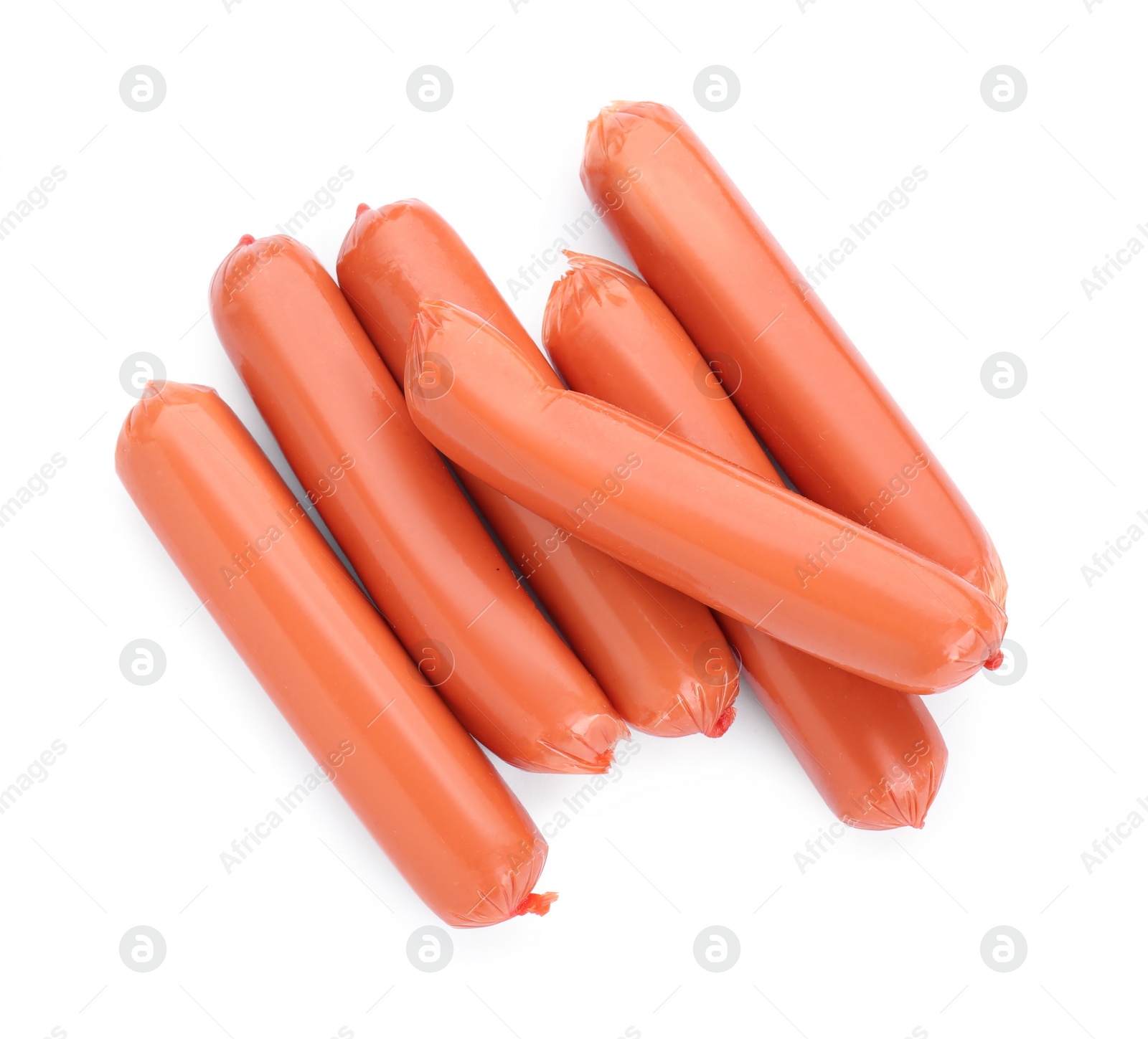 Photo of Fresh raw sausages isolated on white, top view. Meat product