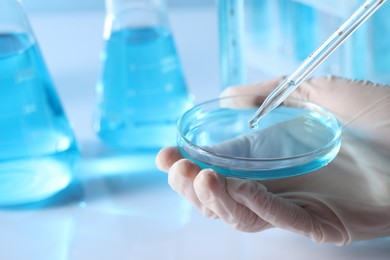 Scientist dripping liquid from pipette into petri dish in laboratory, closeup