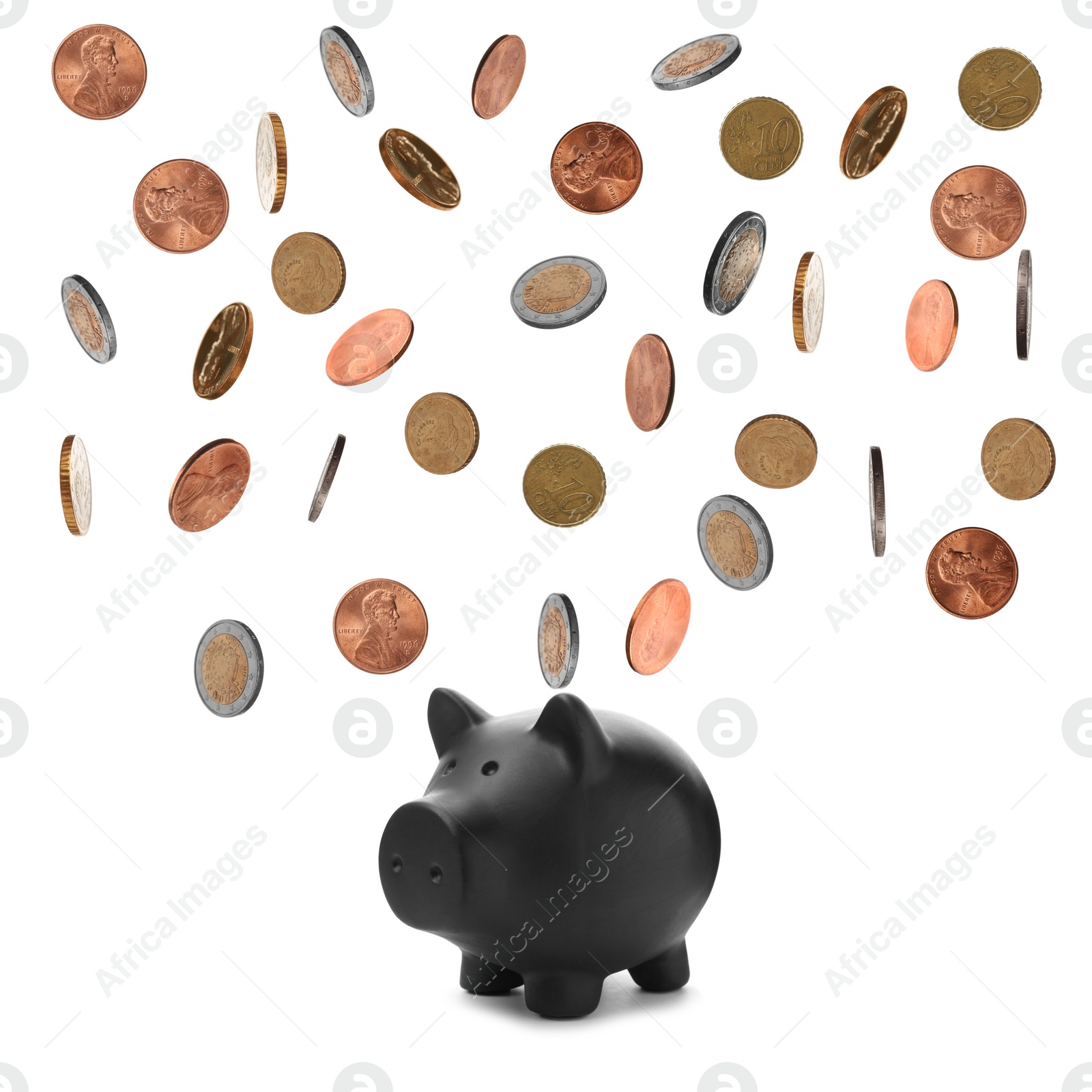 Image of Black piggy bank and different coins flying on white background