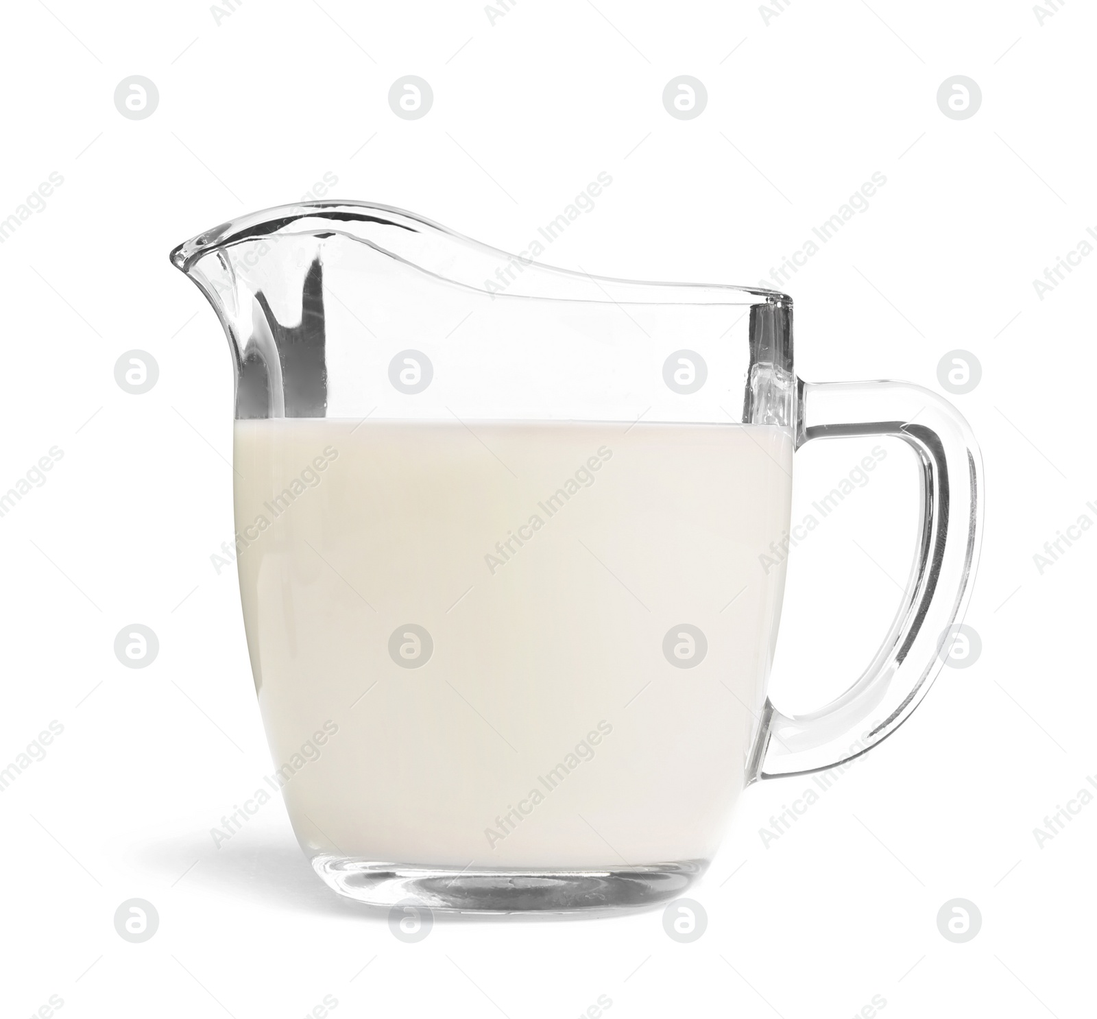 Photo of Glass jug with fresh hemp milk on white background