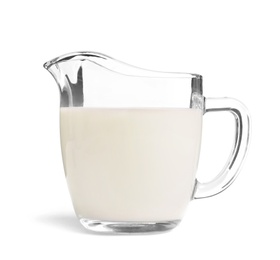 Photo of Glass jug with fresh hemp milk on white background