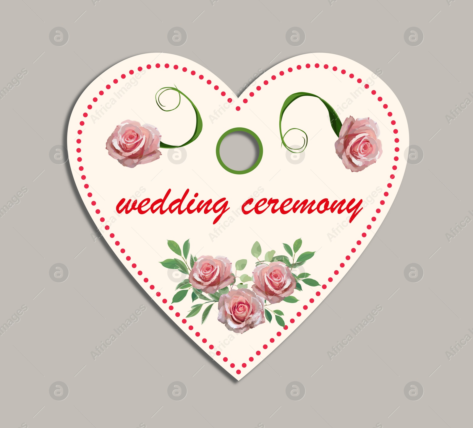 Illustration of Wedding ceremony tag with floral design on grey background, top view
