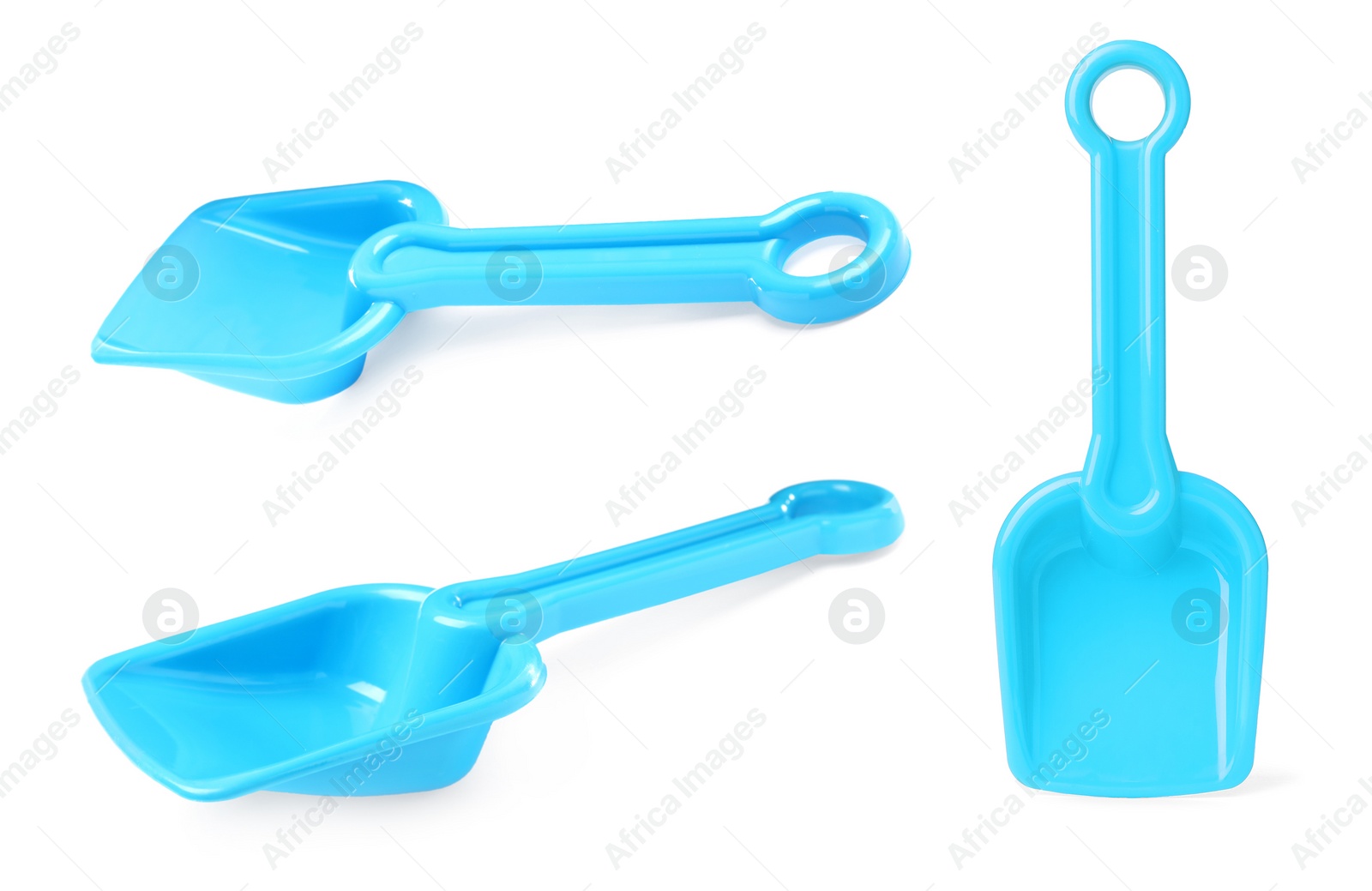 Image of Blue plastic toy shovels on white background, collage