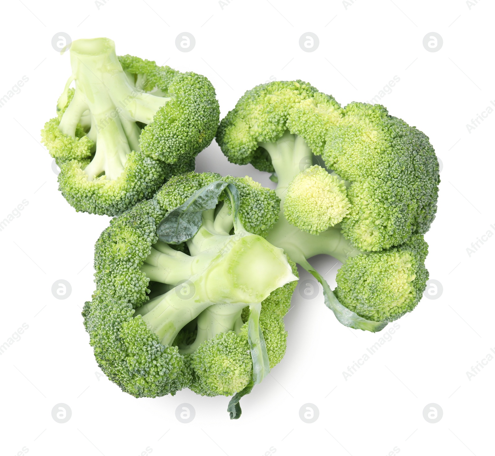 Photo of Fresh raw green broccoli isolated on white, top view