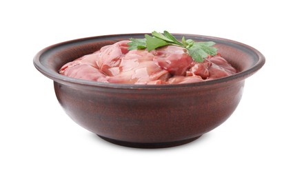 Photo of Bowl with raw chicken liver and parsley isolated on white