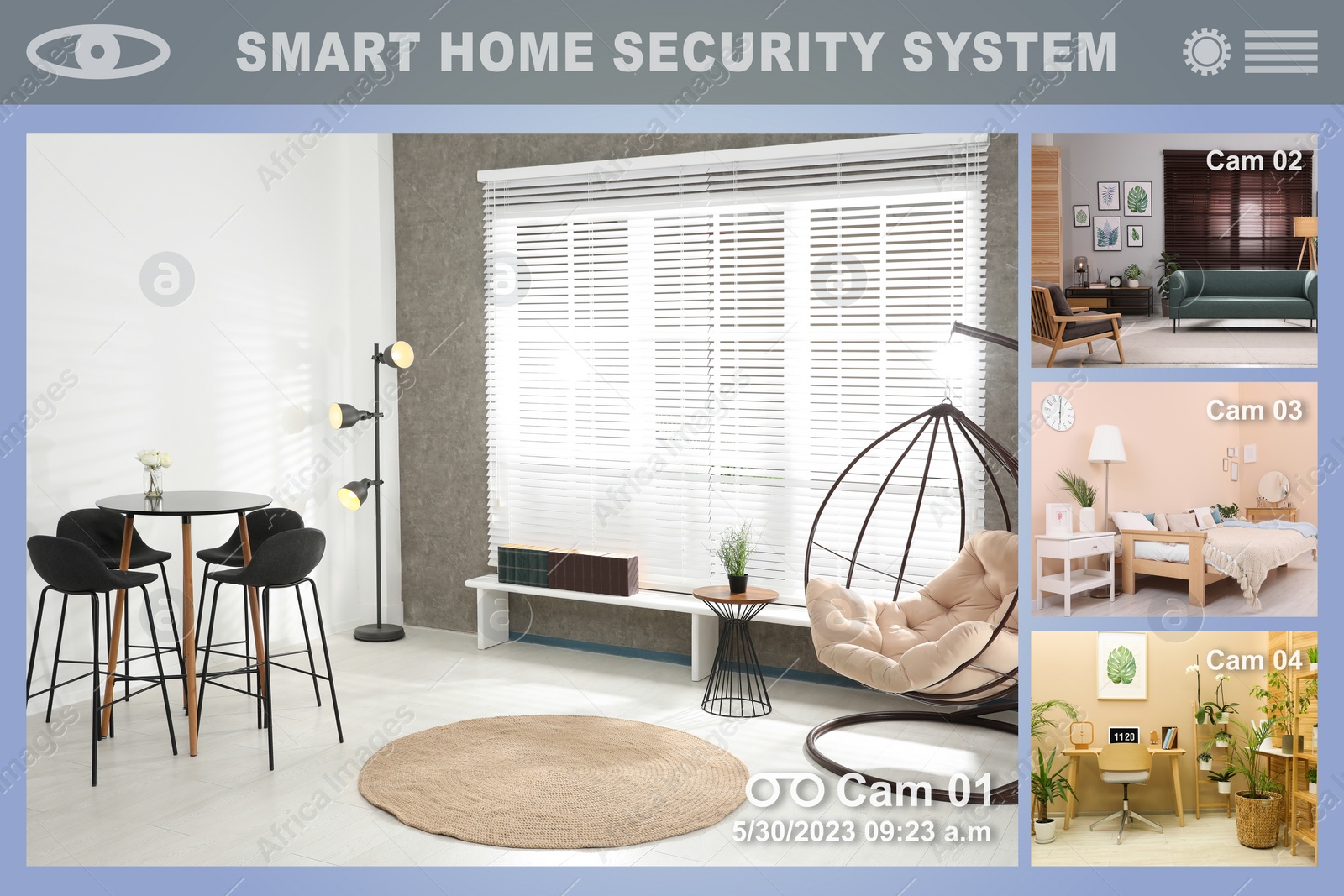 Image of Smart home security system. Different rooms, view from cameras in house