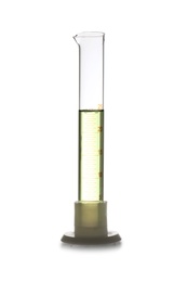 Graduated cylinder with sample isolated on white. Chemistry laboratory glassware