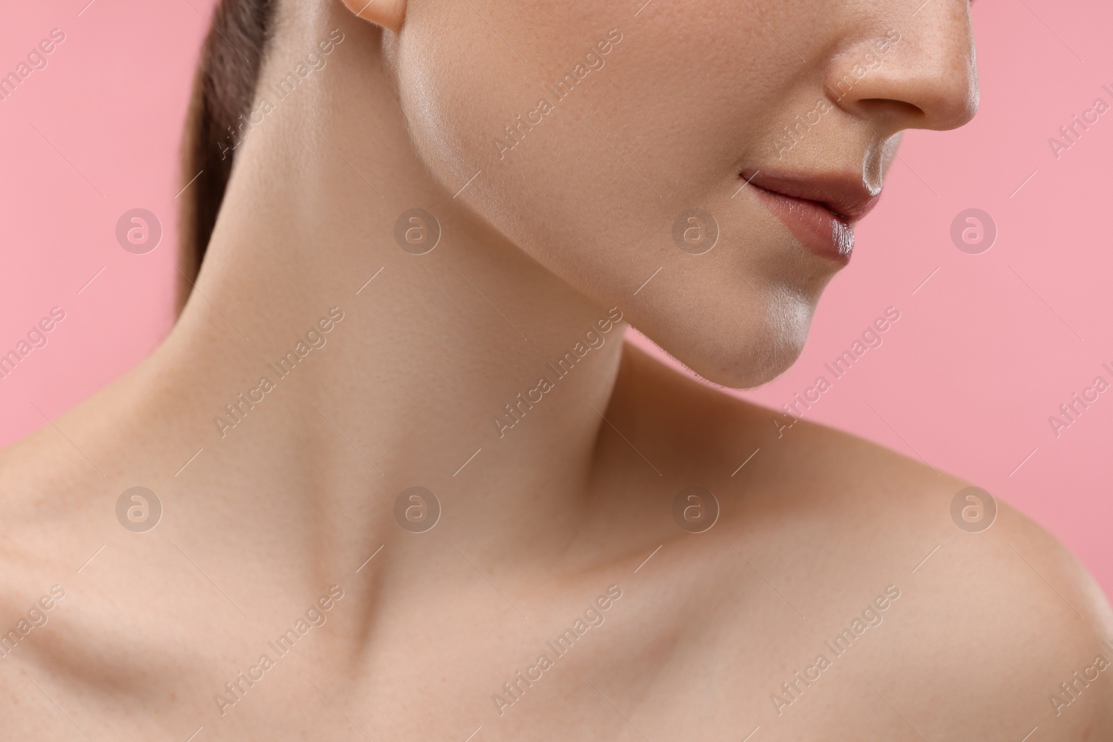 Photo of Beauty concept. Woman on pink background, closeup