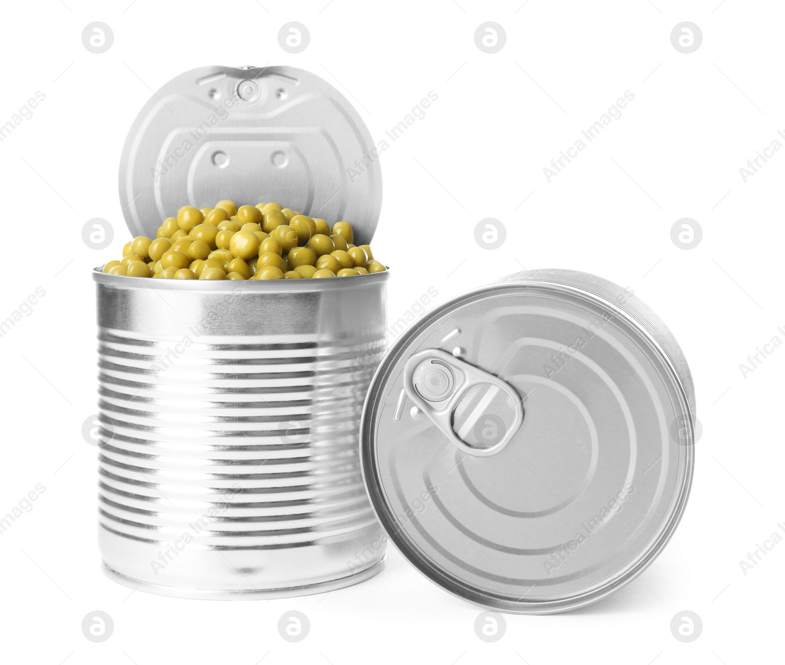 Photo of Tin cans of peas isolated on white