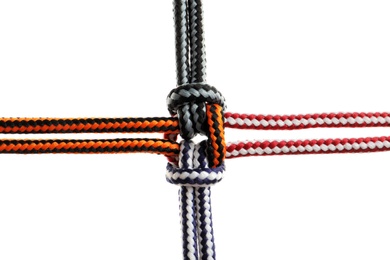 Photo of Colorful ropes tied together on white background. Unity concept