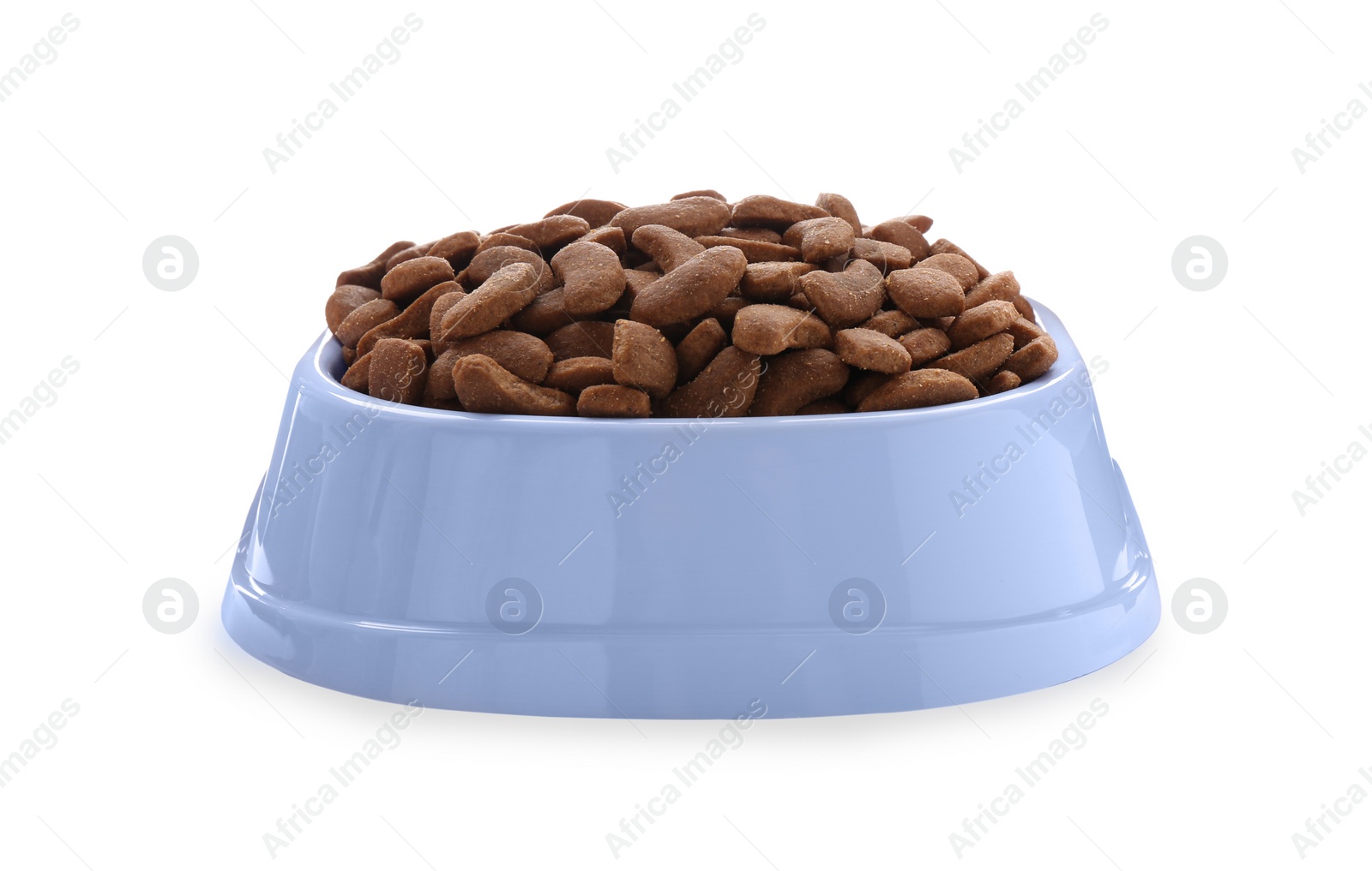 Photo of Dry food in light blue pet bowl isolated on white