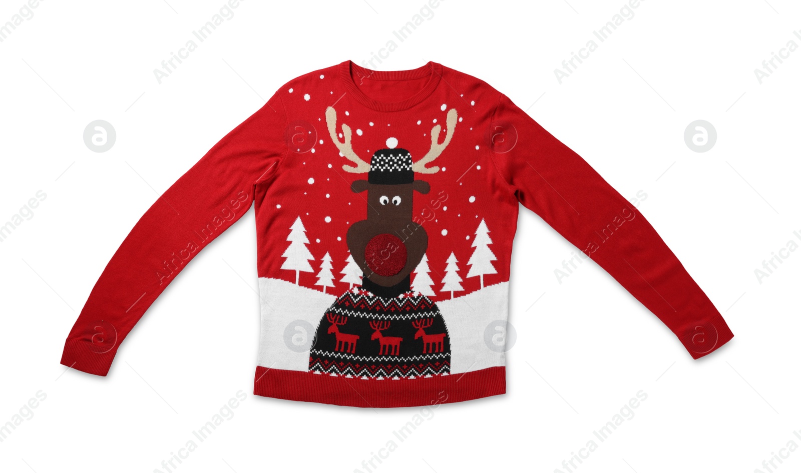 Photo of Red Christmas sweater with funny reindeer isolated on white, top view