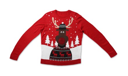 Photo of Red Christmas sweater with funny reindeer isolated on white, top view