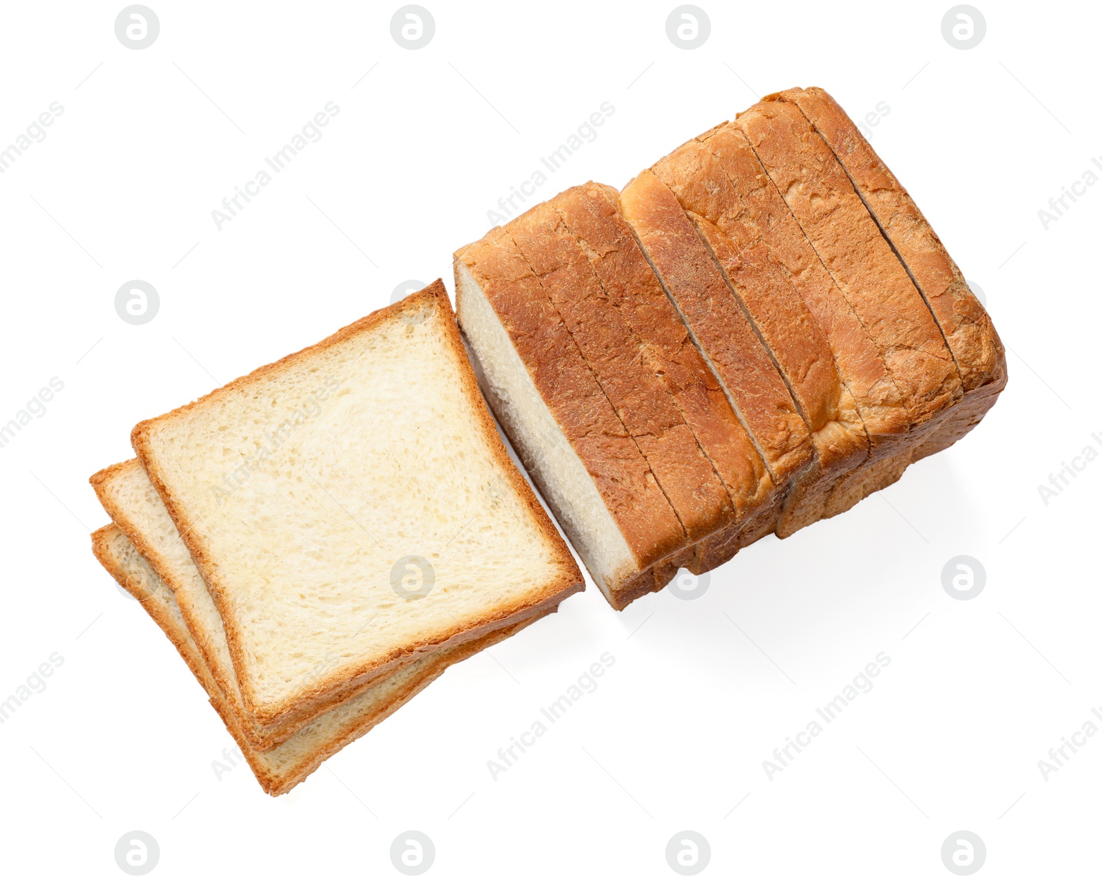 Photo of Pieces of fresh toast bread isolated on white, top view