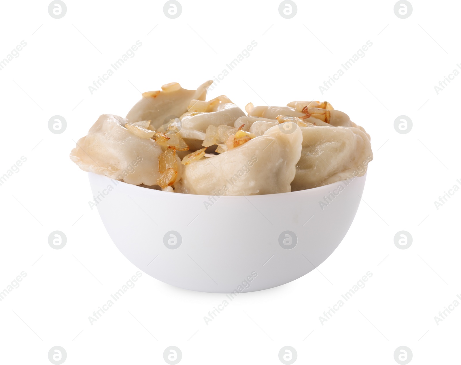 Photo of Delicious dumplings (varenyky) with potatoes and onion on white background