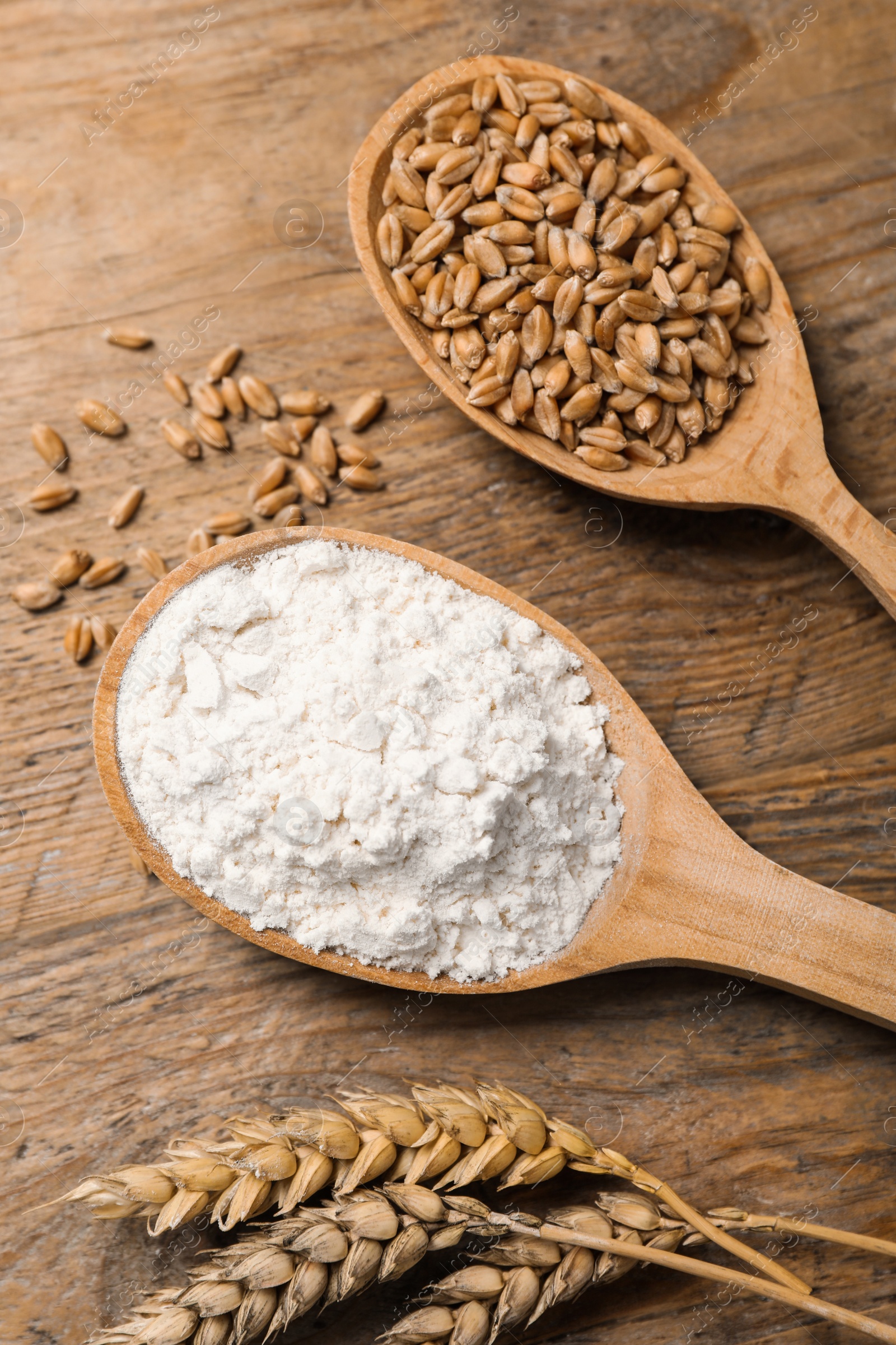 Photo of Spoons with wheat flour, grains and spikes on wooden table, above view