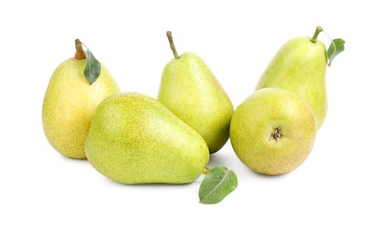 Photo of Many ripe pears with leaves on white background