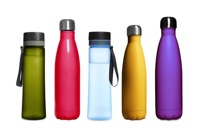 Set with different stylish closed thermo bottles on white background. Banner design